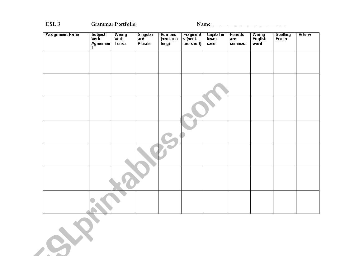ESL Grammar Portfolio Chart worksheet