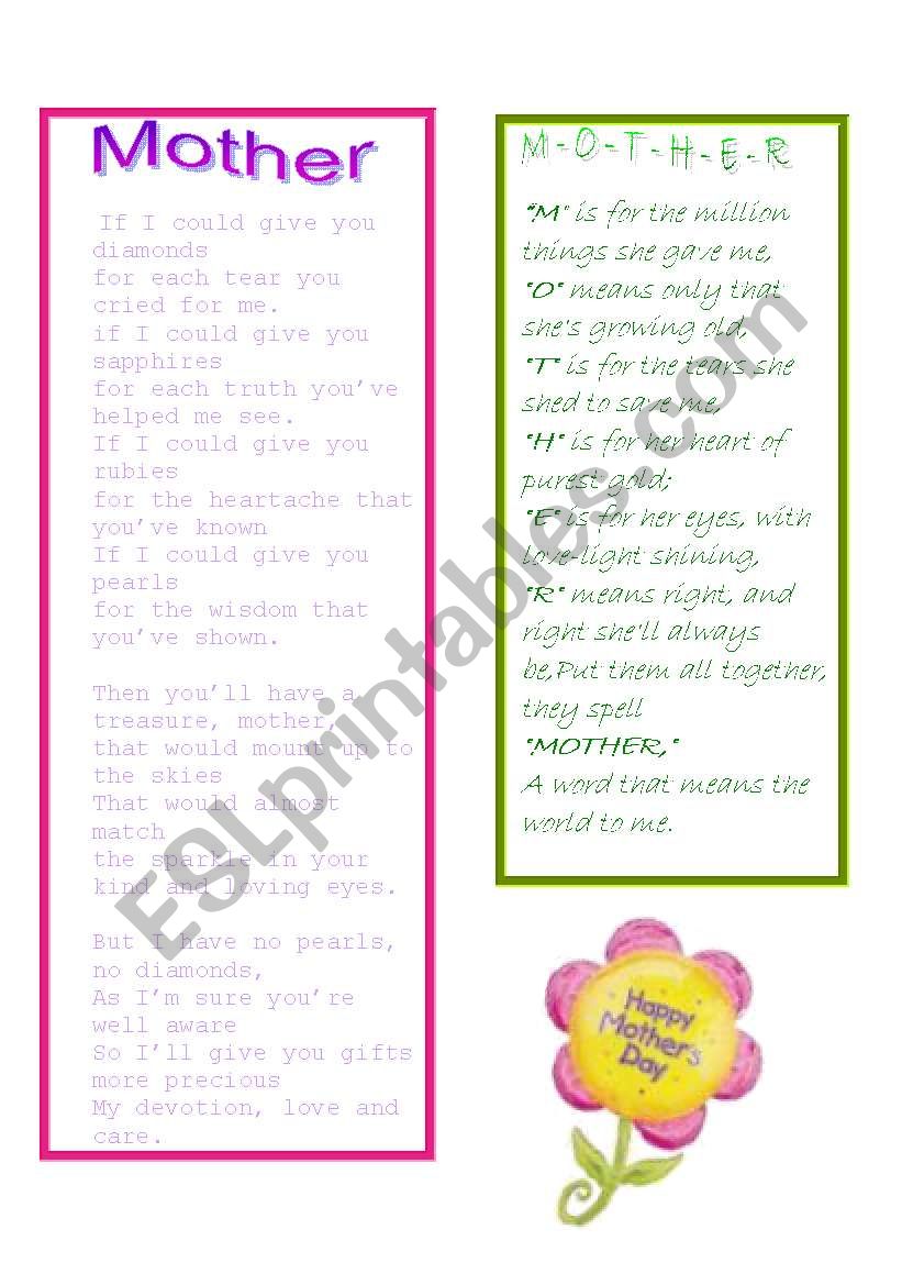 mother´s day poems - ESL worksheet by saraar