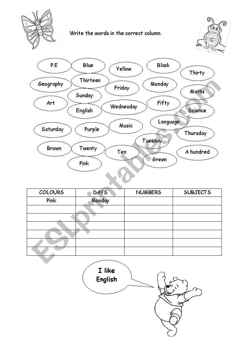 Days/Numbers/Colours/Subjects worksheet