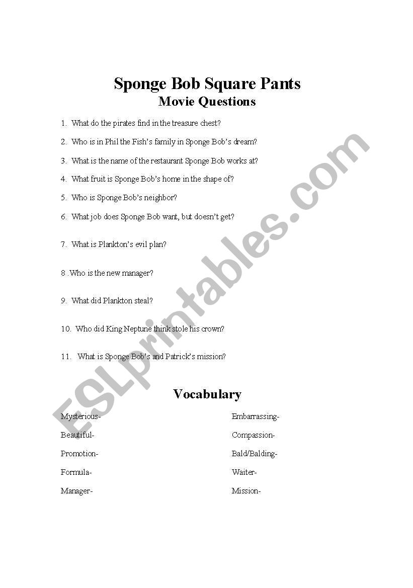 Spongebob movie questions worksheet