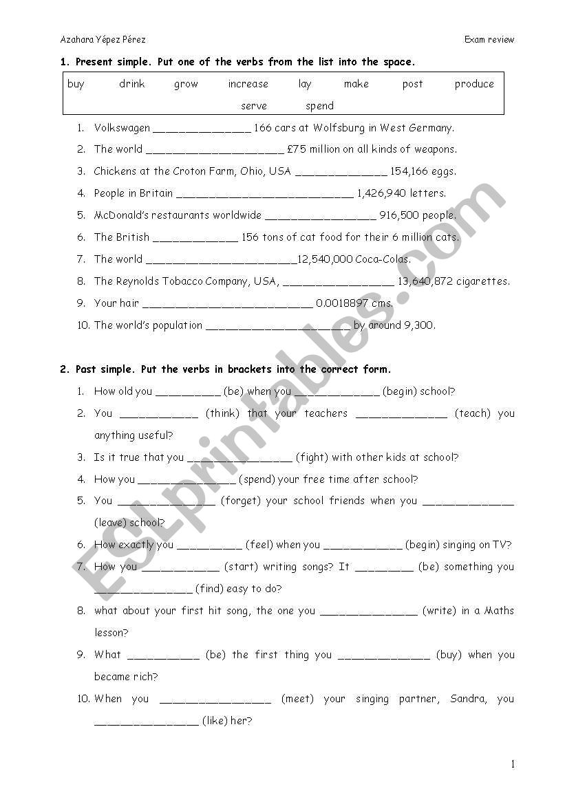 verb tenses revIEW worksheet