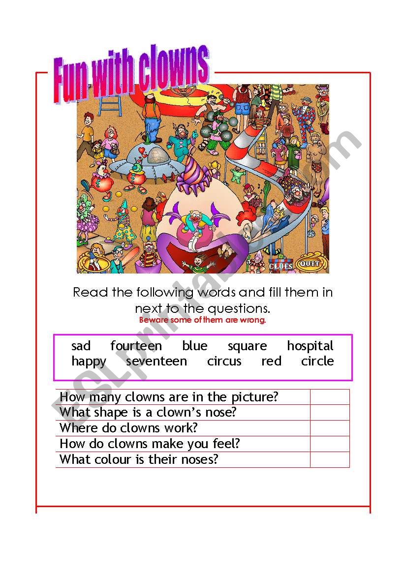 Fun with clowns worksheet