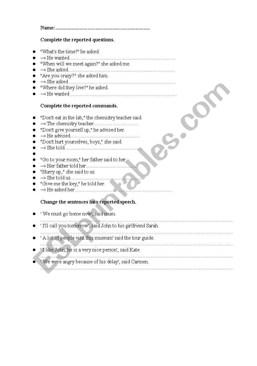 Reported Speech - Mini Test worksheet