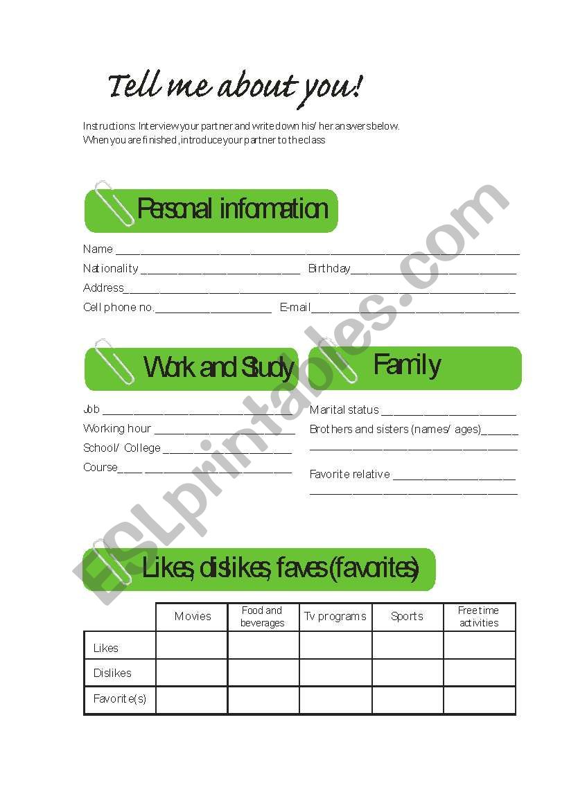 Tell me about you! worksheet