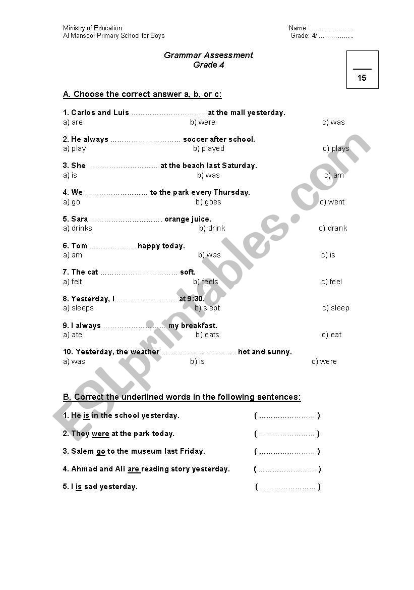 Grammar Assessment worksheet