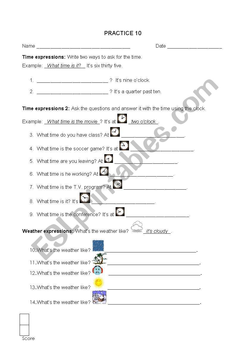 Time and weather exercise worksheet