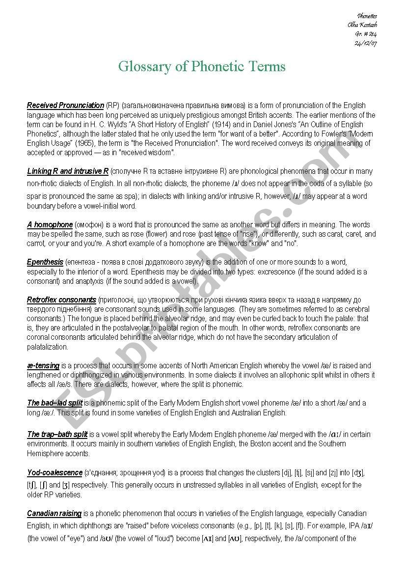 Glossary of Phonetic Terms worksheet