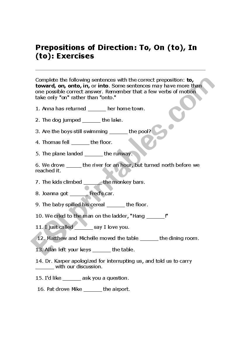 prepositionsof direction worksheet
