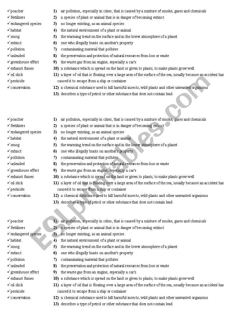 environment - definiions worksheet