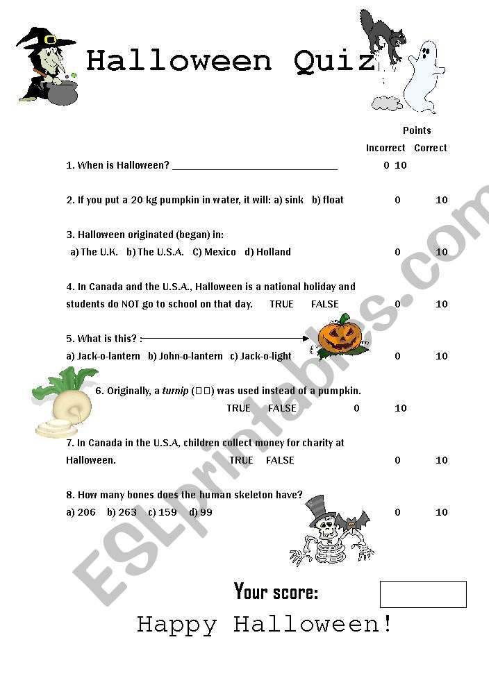 Halloween Quiz - ESL worksheet by PennyBarker