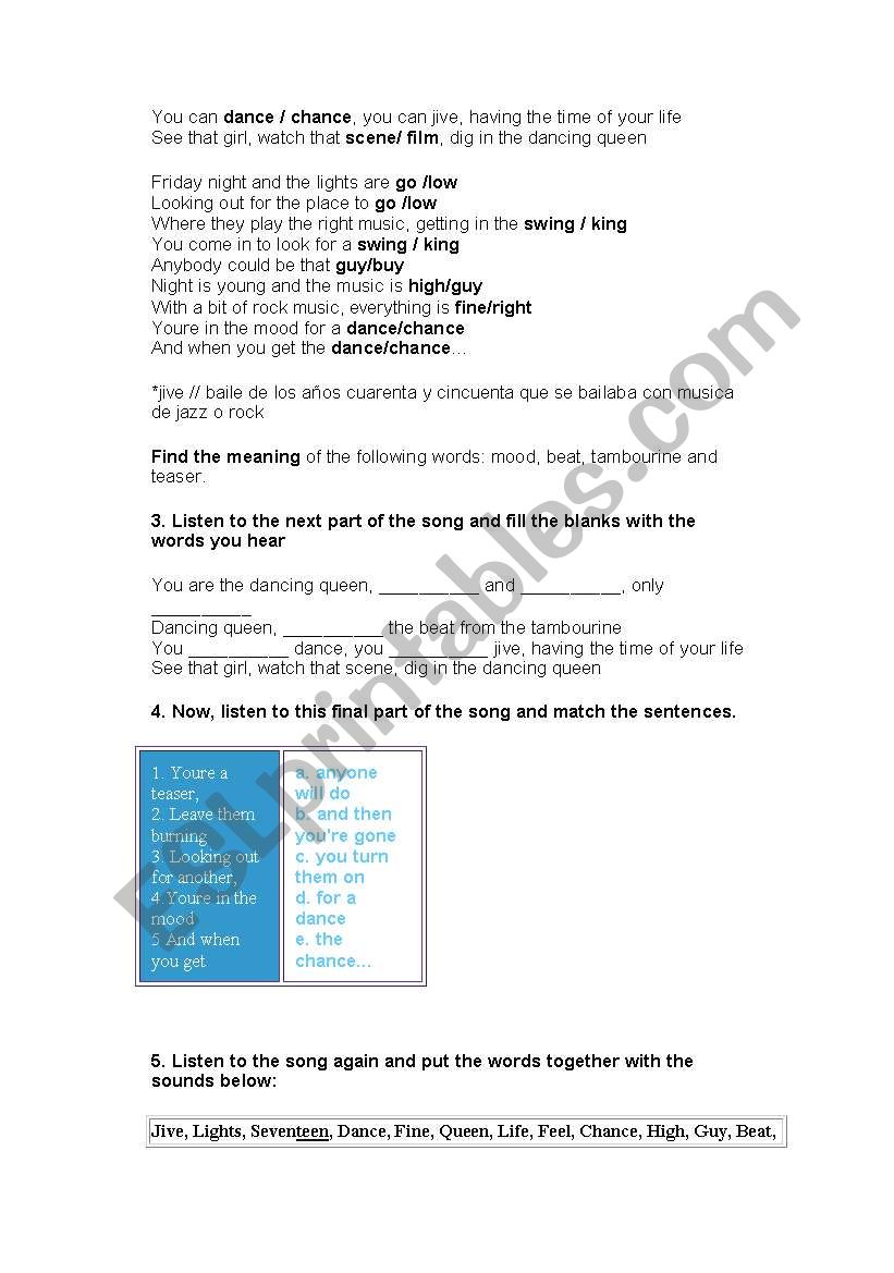 Lyrics Dancing Queen - ESL worksheet by estrada26