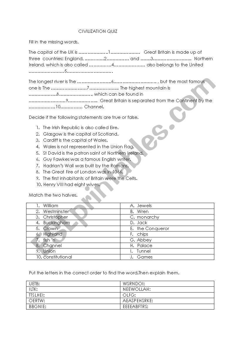 Civilization Test worksheet