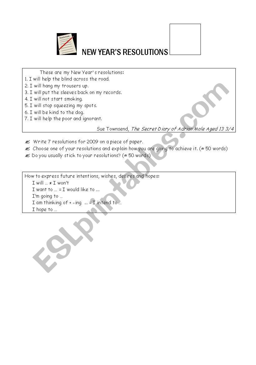 New Years resolutions worksheet