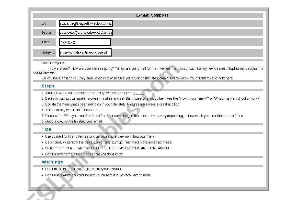 Writing a friendly email. worksheet