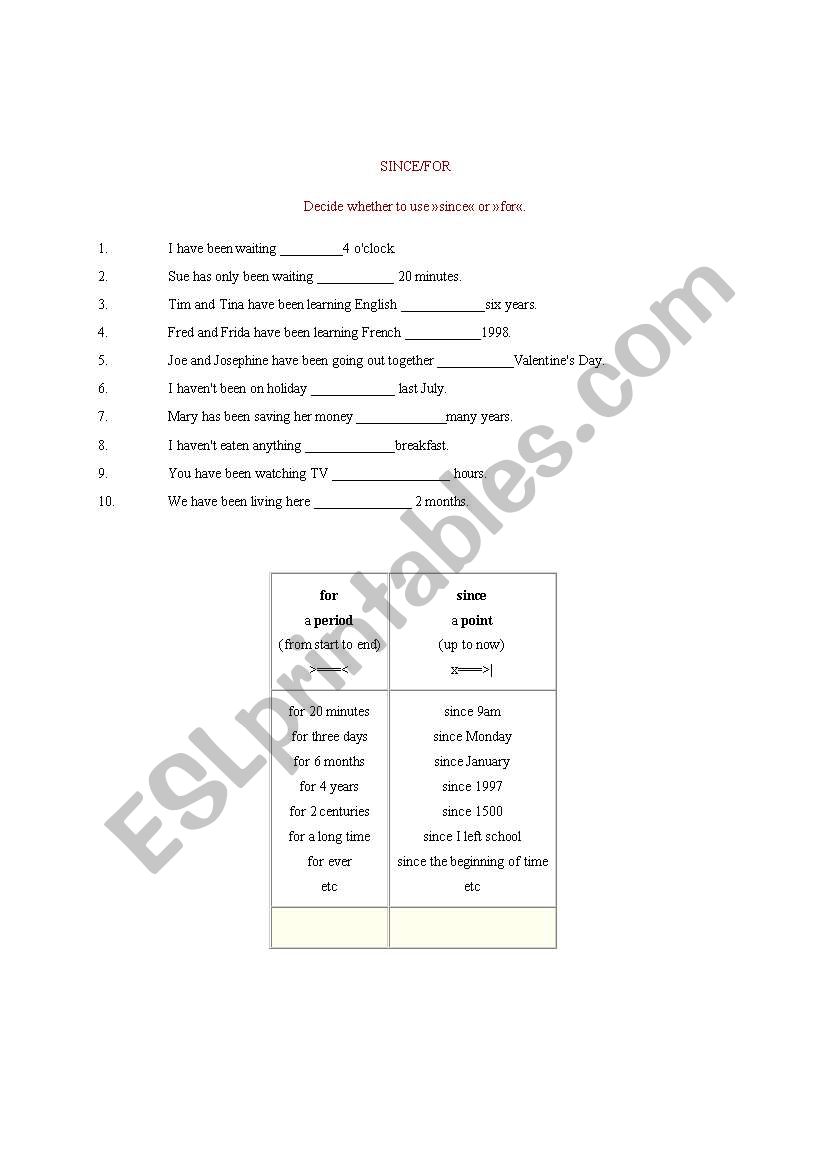 Since vs For worksheet