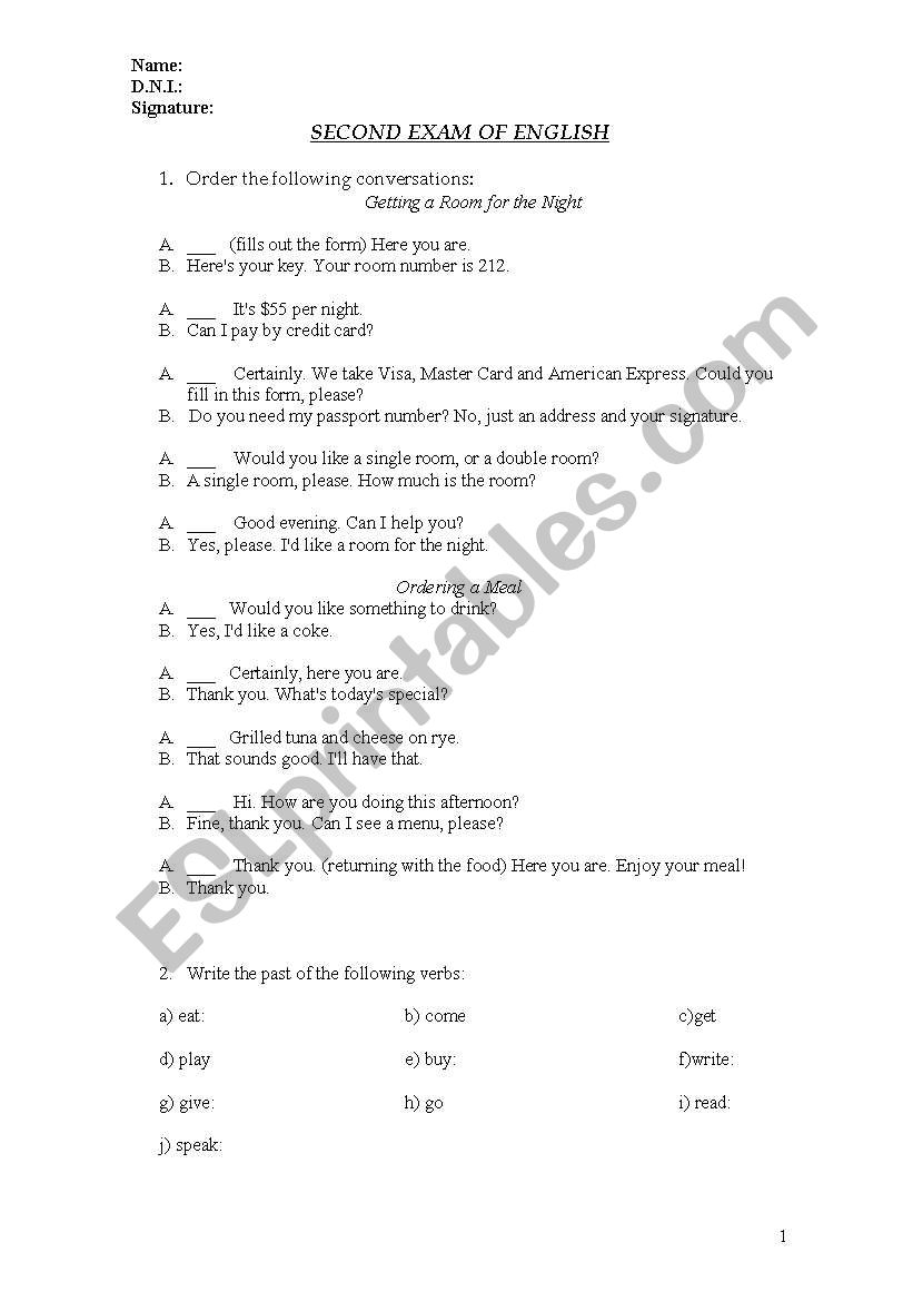 exam worksheet