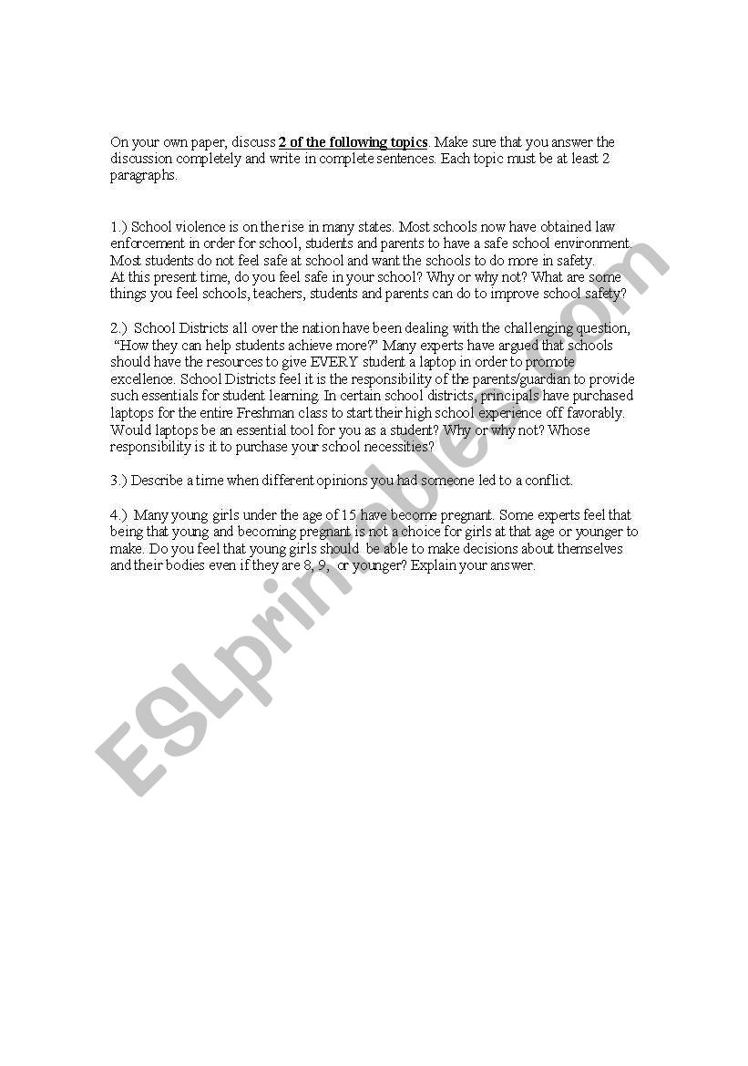 School Essay Topics worksheet