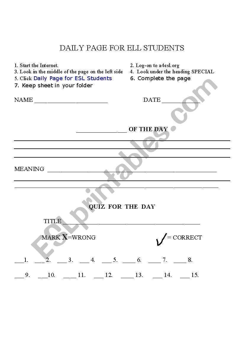 DAILY PAGE FOR ELL STUDENTS  worksheet