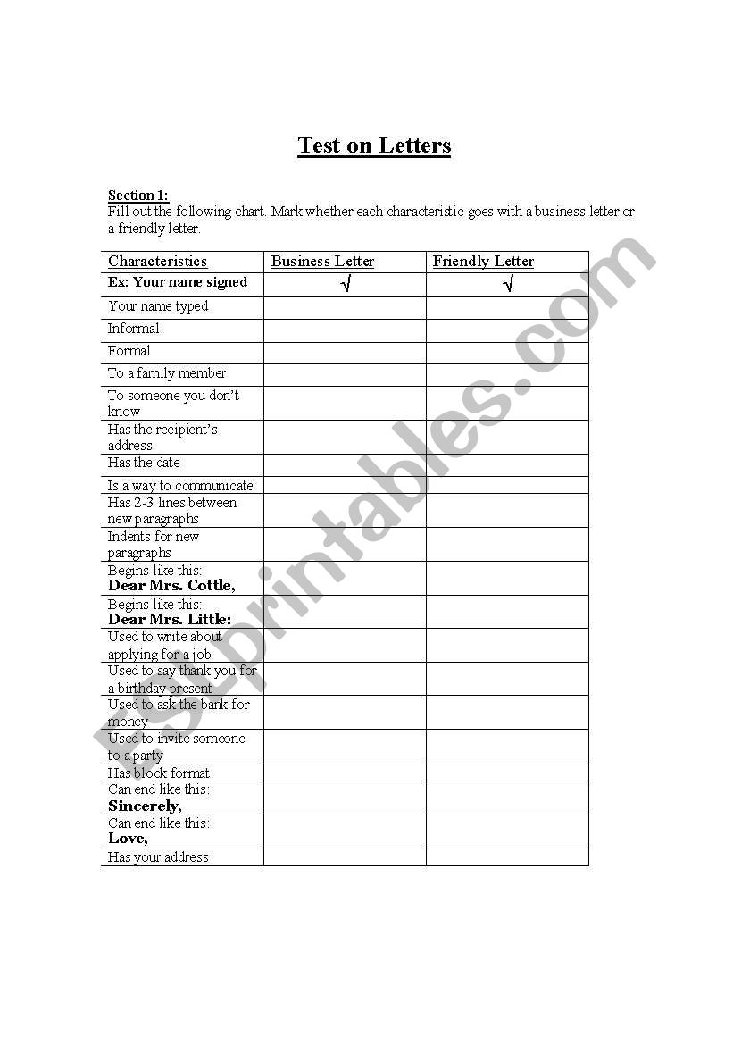 Test on Letter Formats worksheet