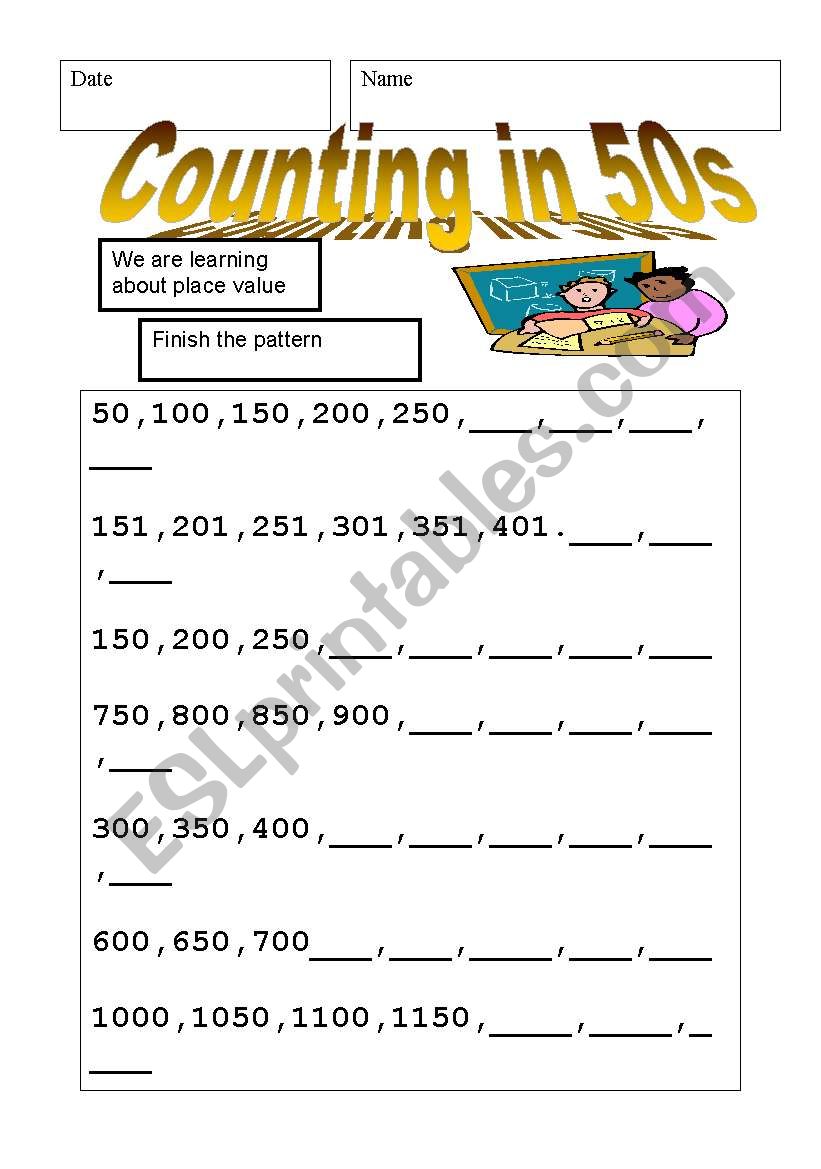 English Worksheets Number Pattern 50s