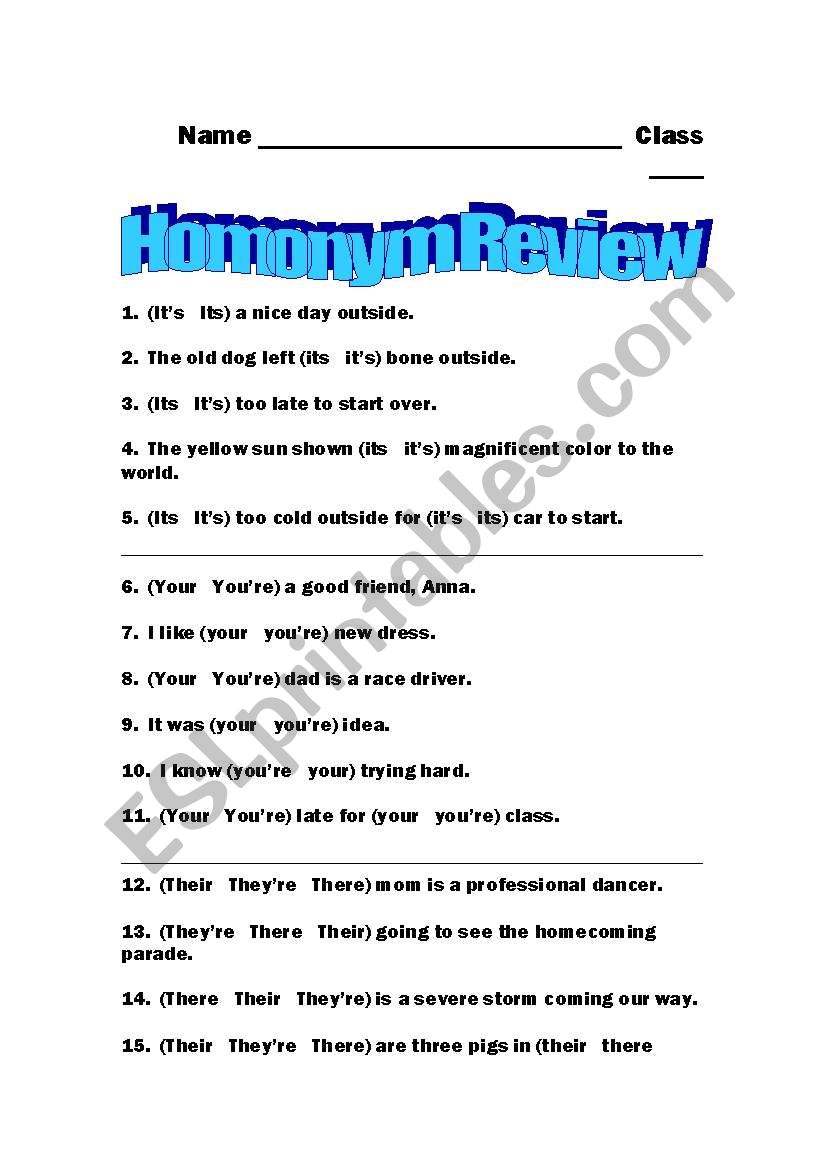 Homonym Review worksheet