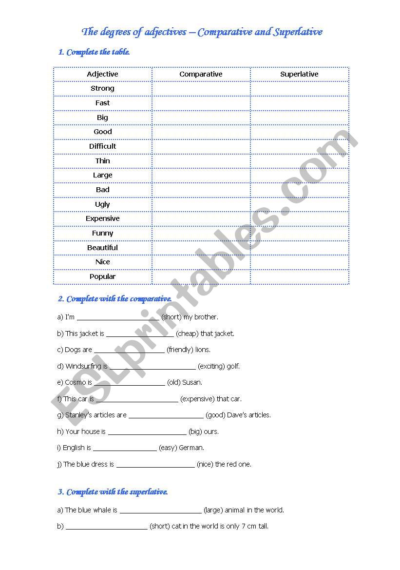 The degrees of adjectives worksheet
