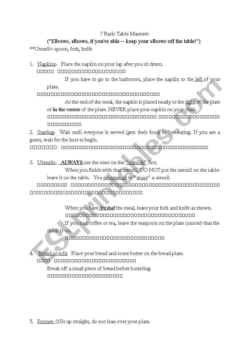 Basic Table Manners worksheet
