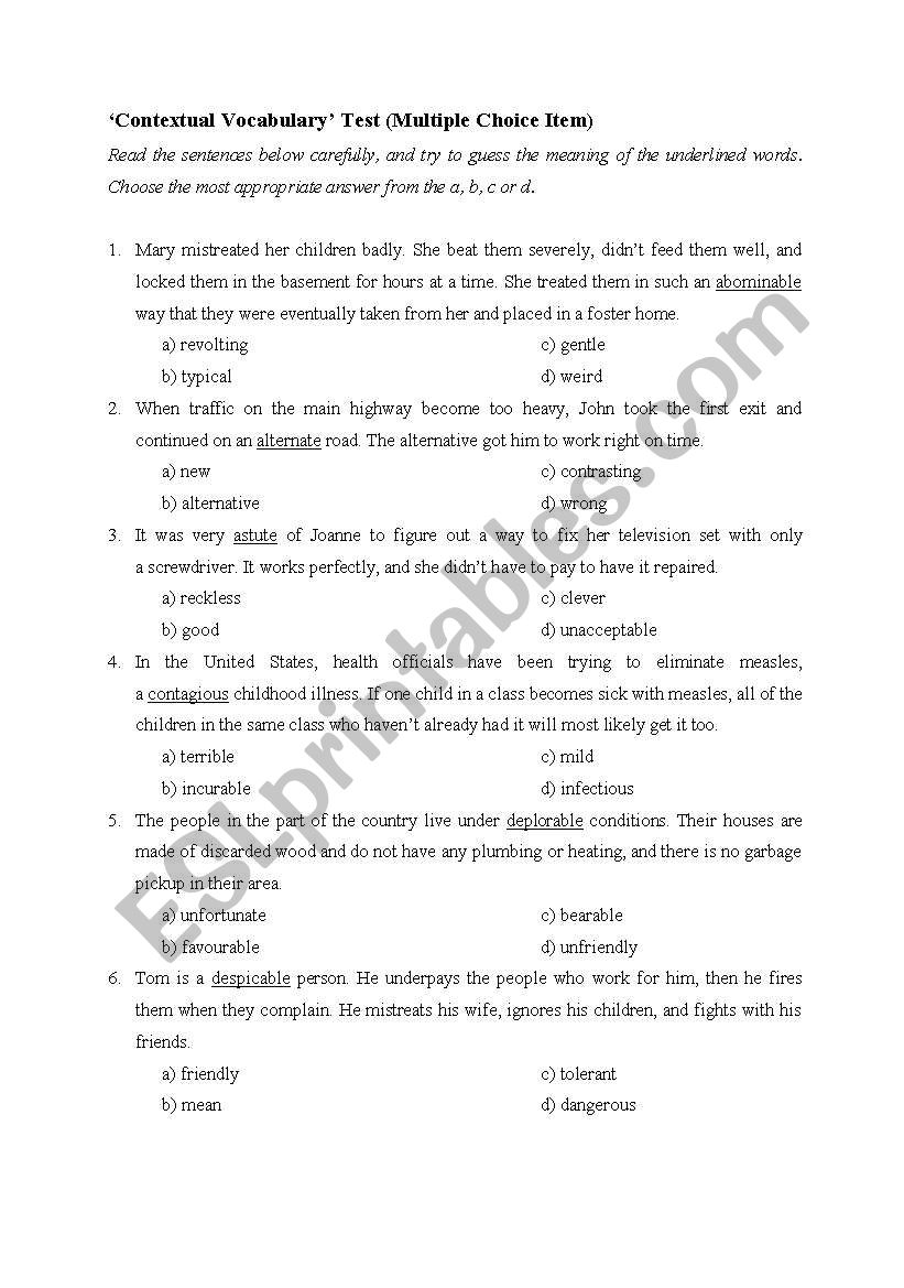 Contextual Vocabulary Test worksheet