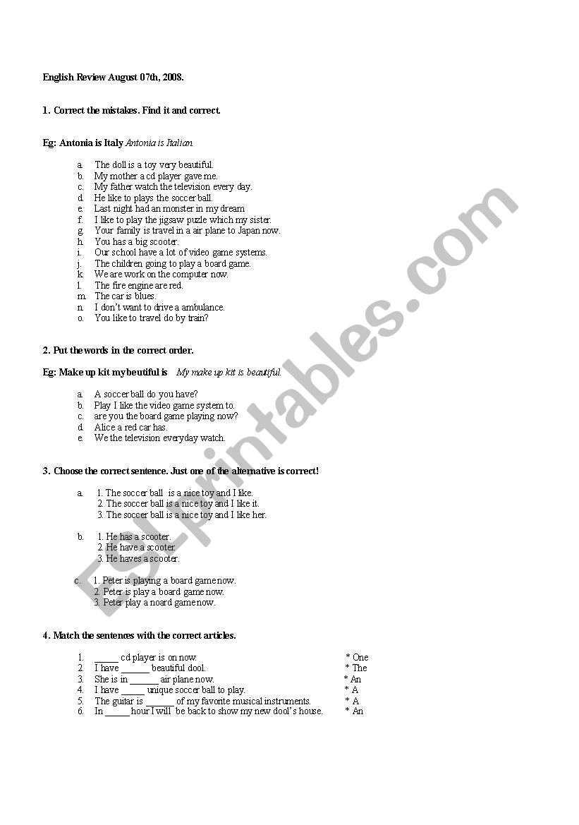 English review worksheet