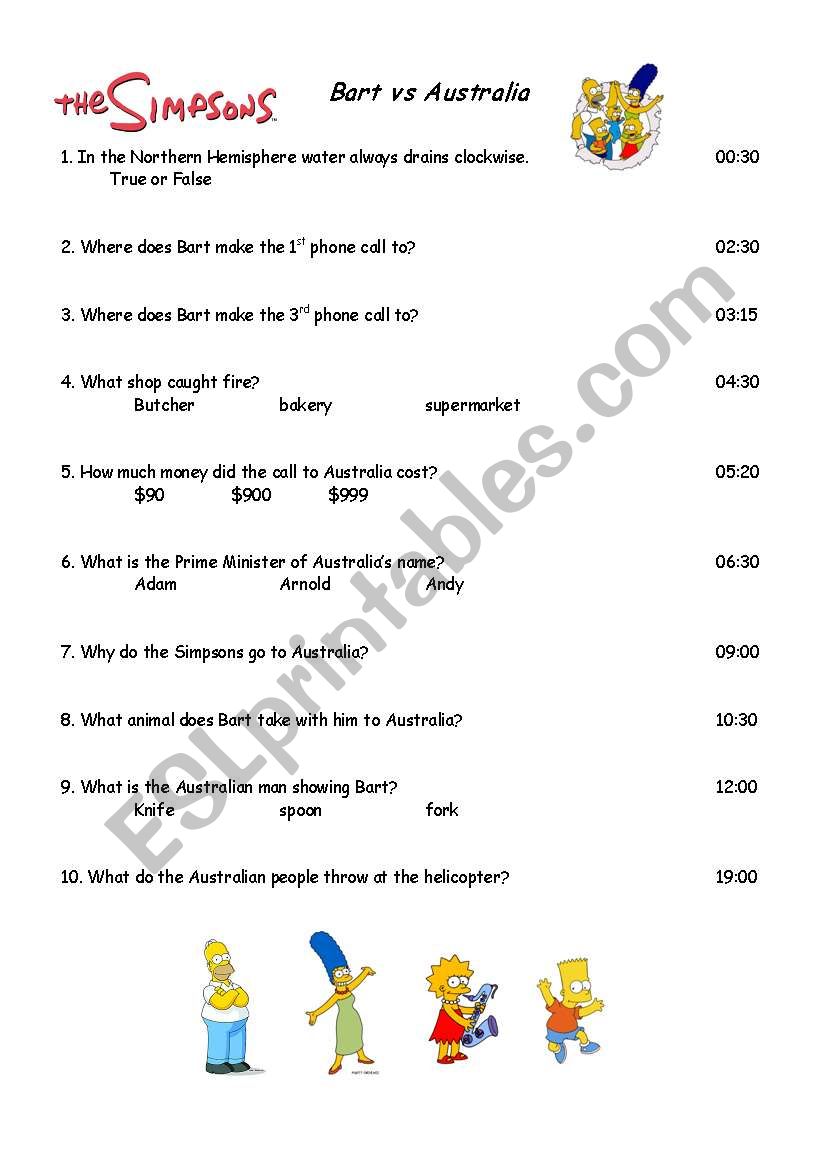 Bart vs Australia DVD lesson worksheet