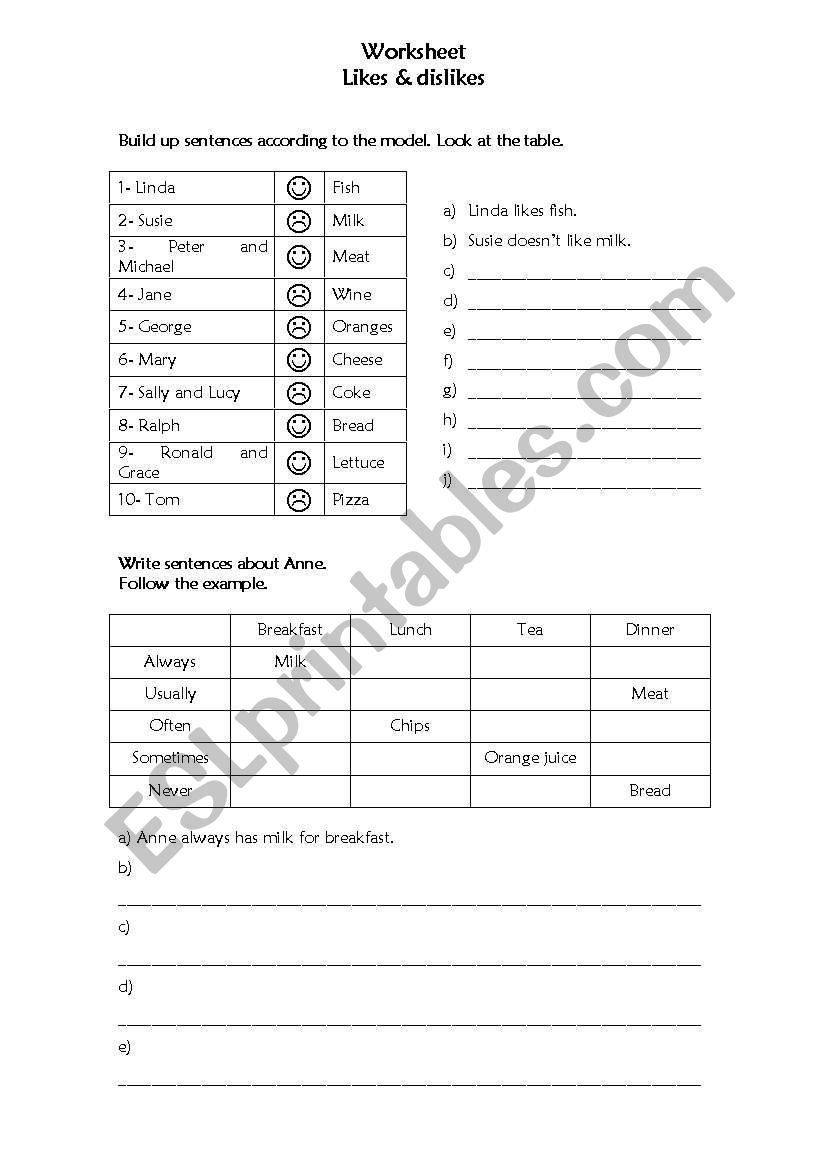 Likes and dislikes worksheet