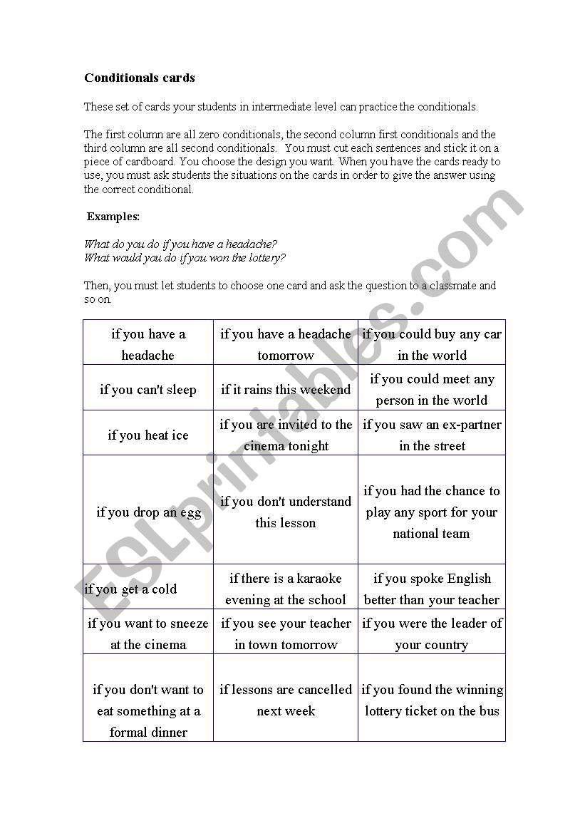 conditional cards worksheet