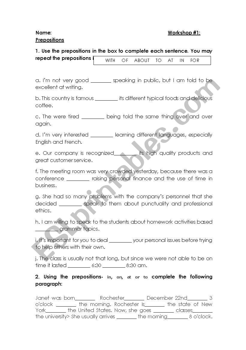 Prepositions Workshop worksheet