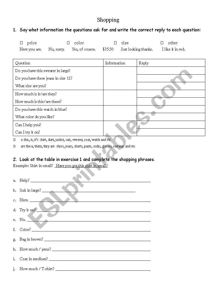 Shopping worksheet