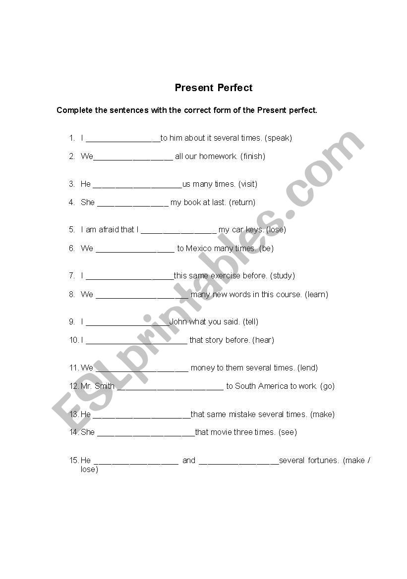Present Perfect Form worksheet