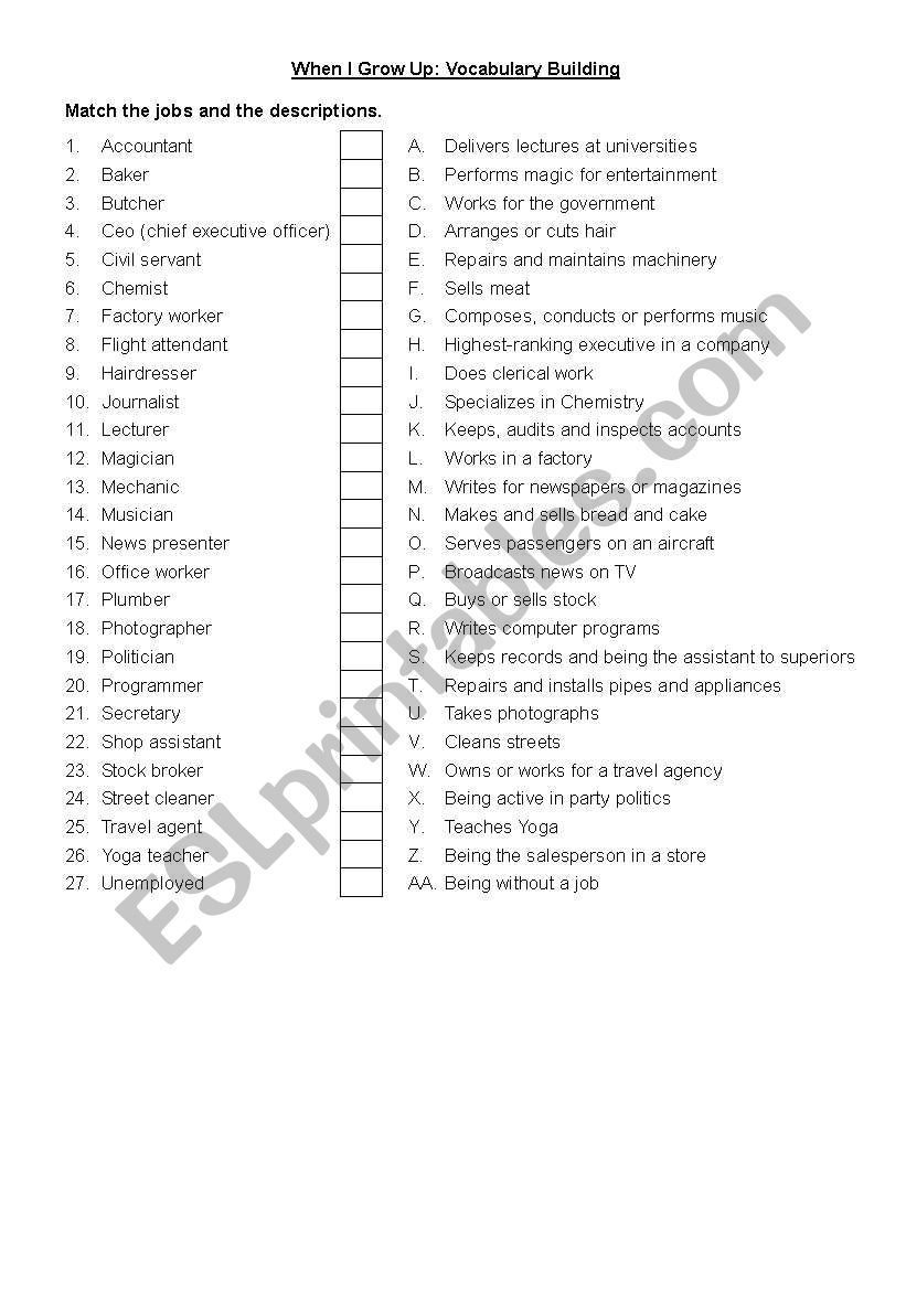 Jobs Vocabulary worksheet