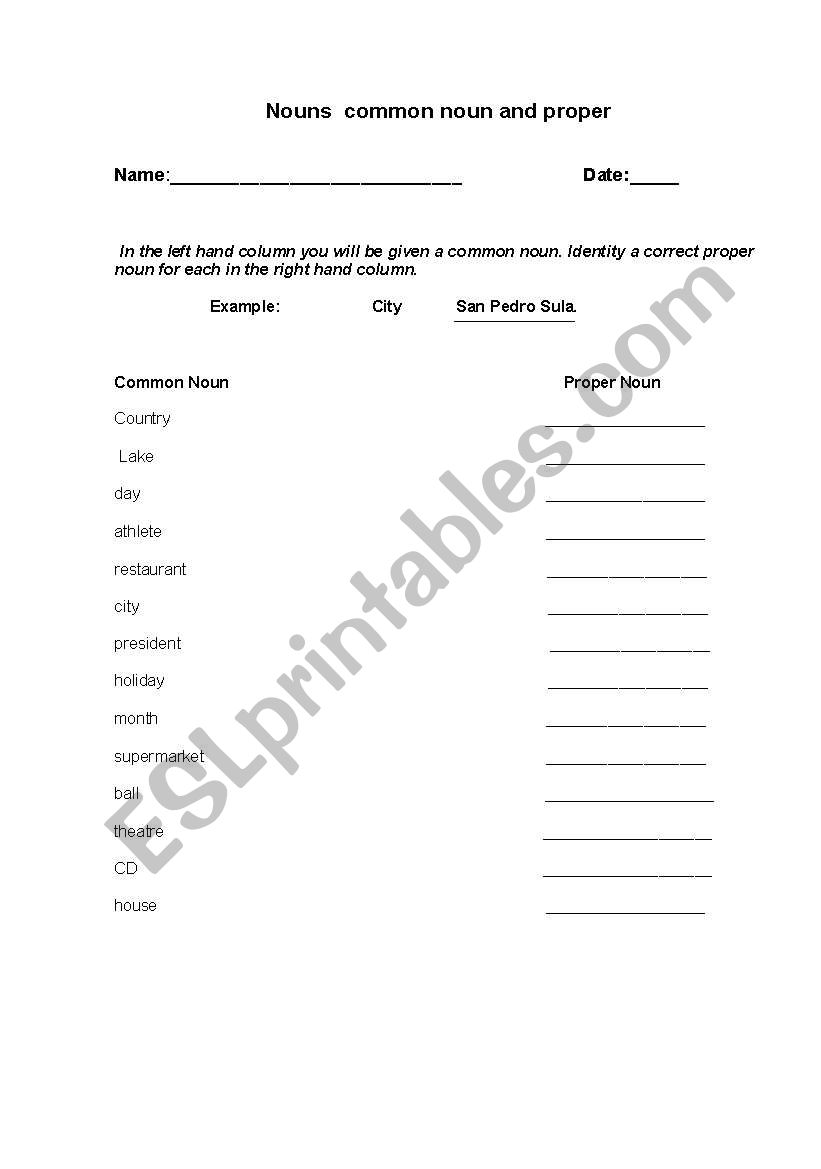 Common and proper nous worksheet