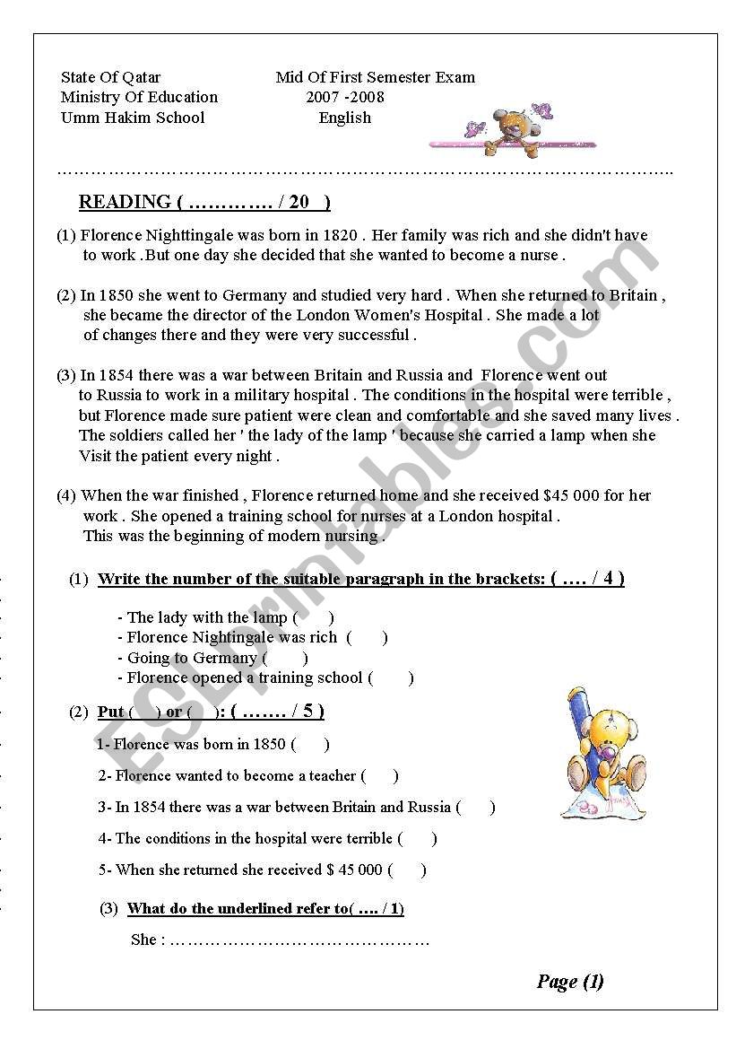 reading test worksheet