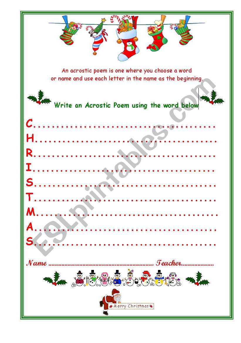 Christmas Acrostic ESL Worksheet By Venezababi