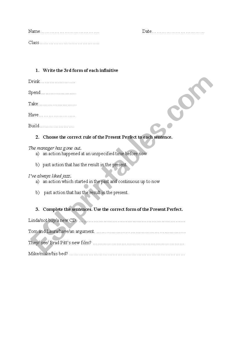 short test on the Present Perfect tense pre-intermediate level