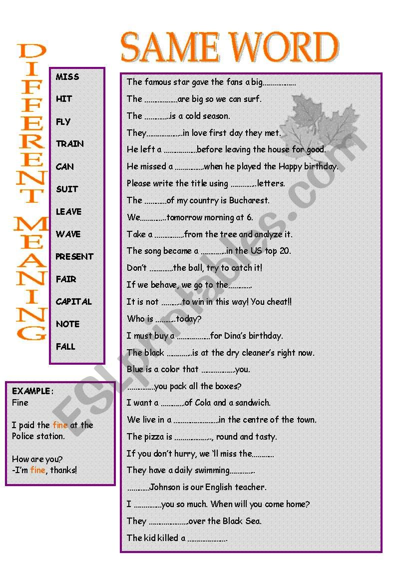 SAME WORD DIFFERENT MEANING ESL Worksheet By Donapeter