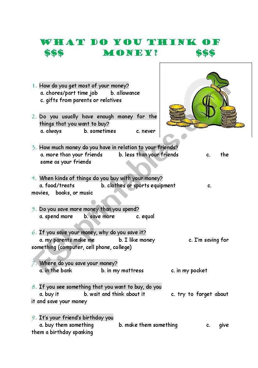 What do you think of money? worksheet
