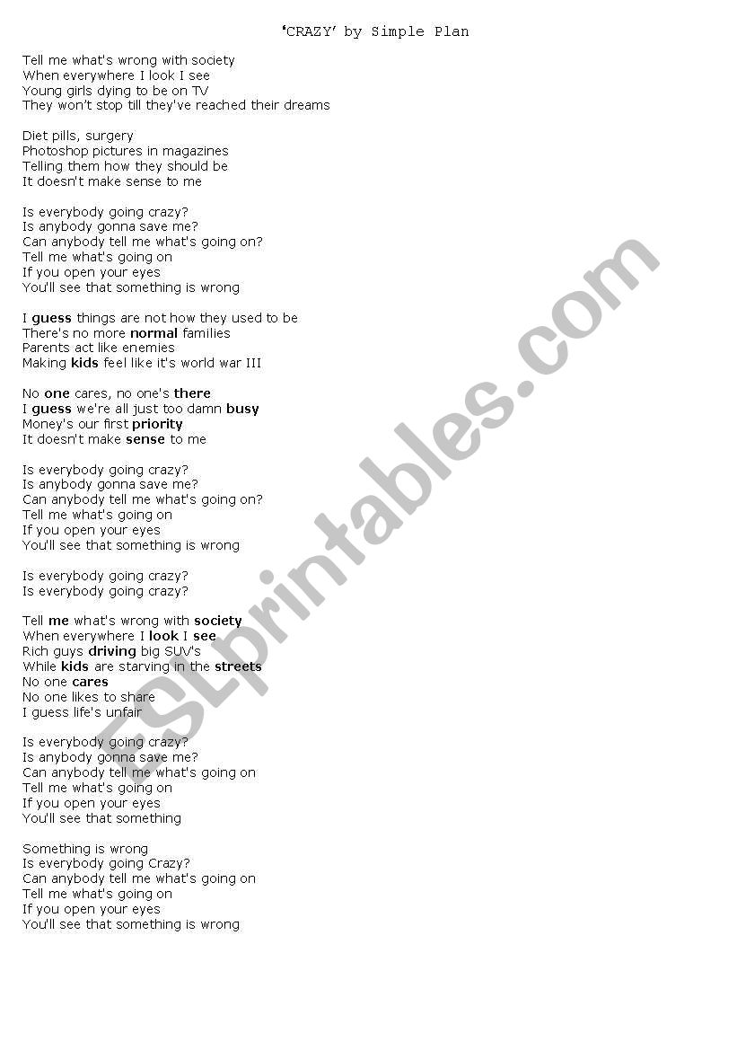 Crazy - by Simple Plan! worksheet