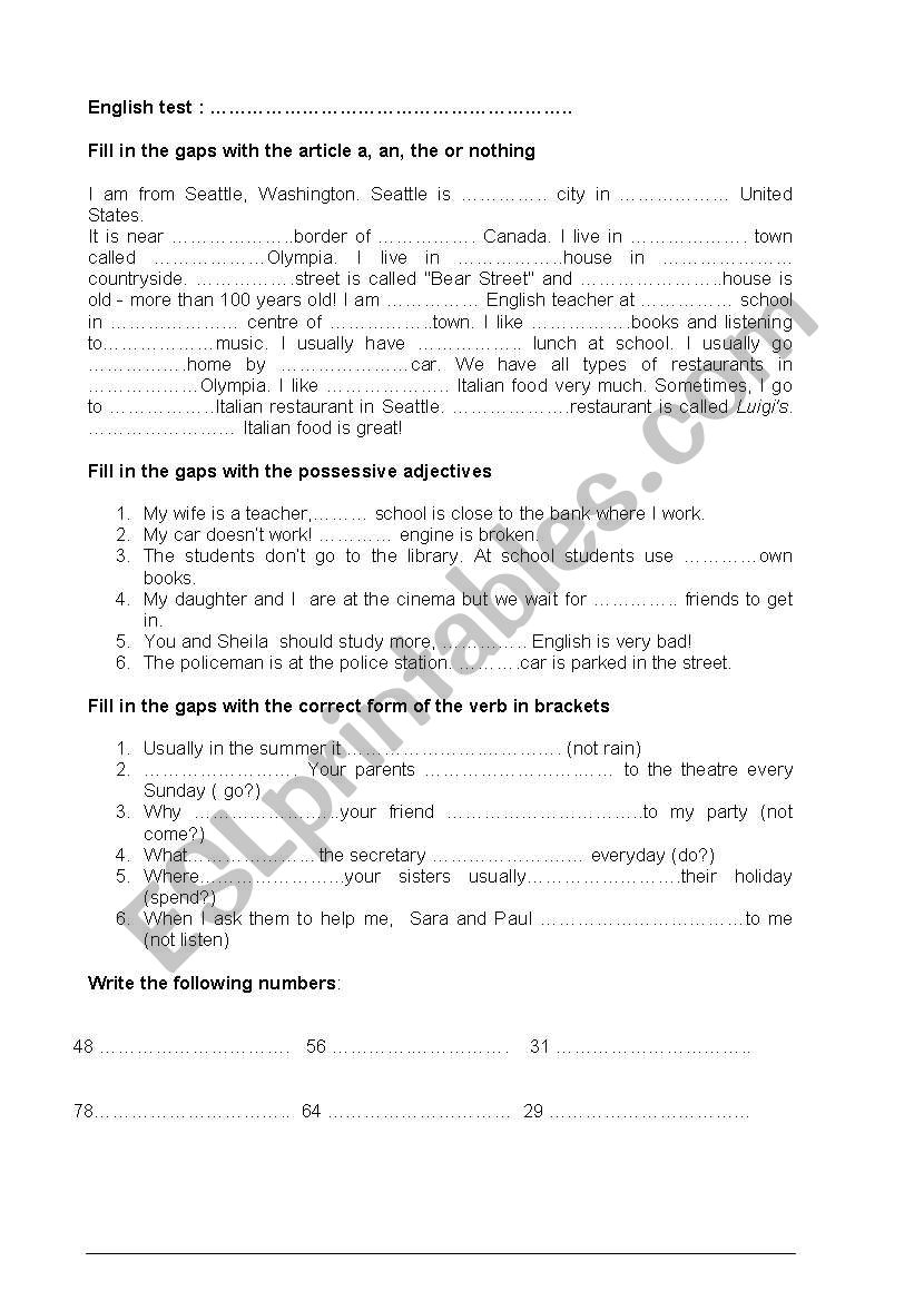 Test Basic English ESL Worksheet By Catedo