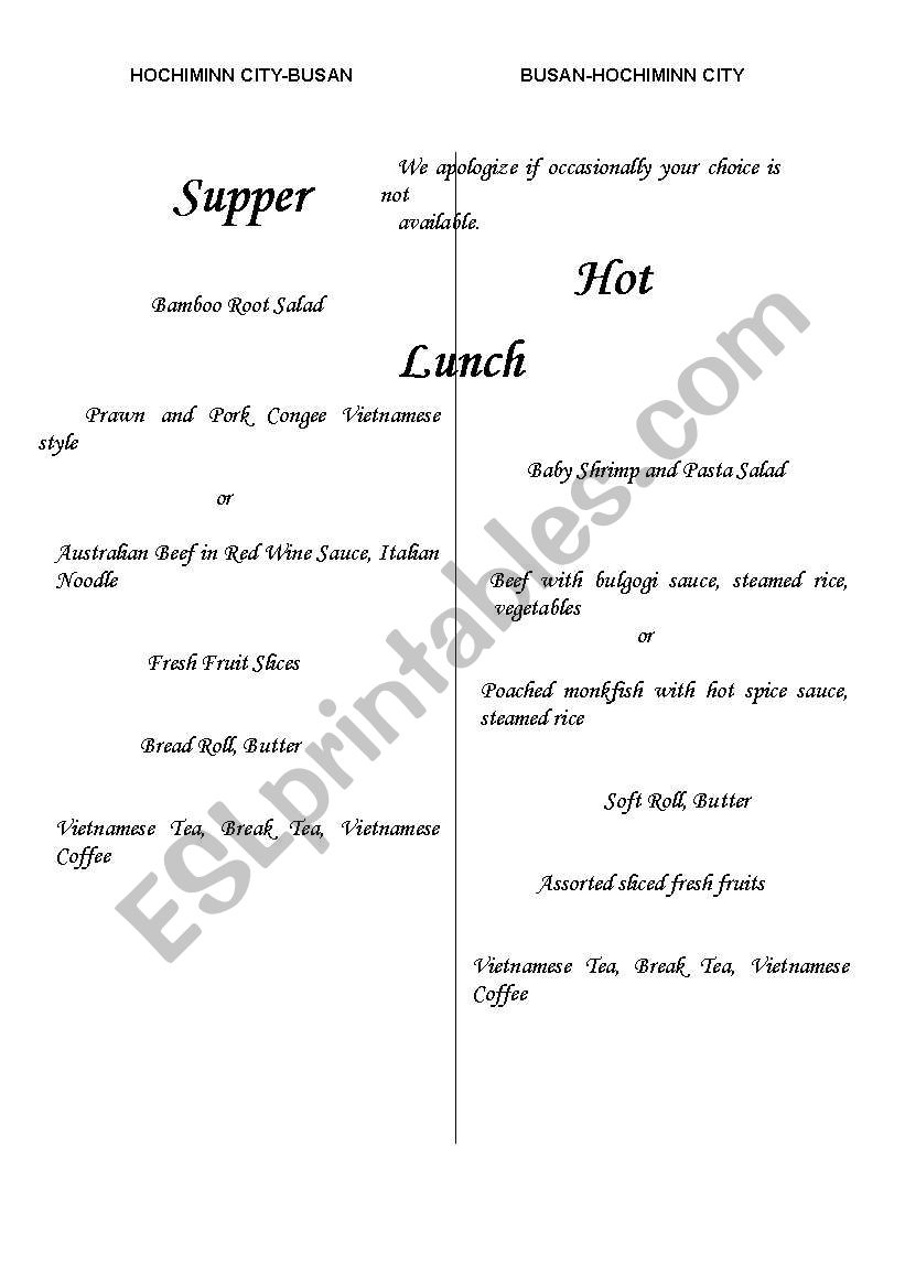 airline menu realia worksheet