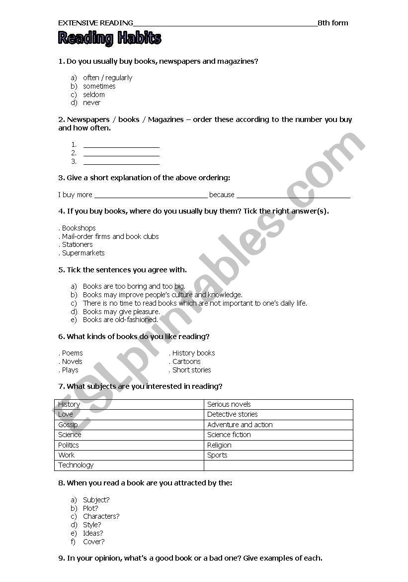 Reading Habits worksheet