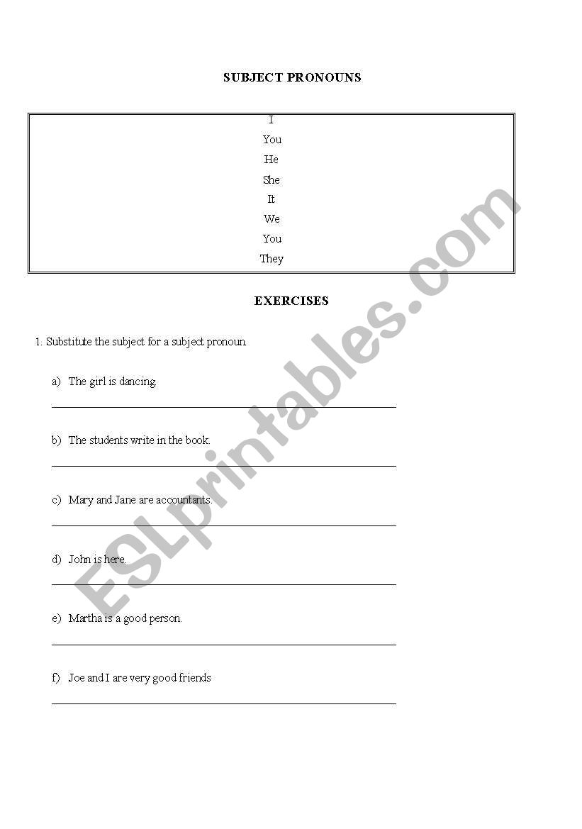 Subject Pronoun worksheet