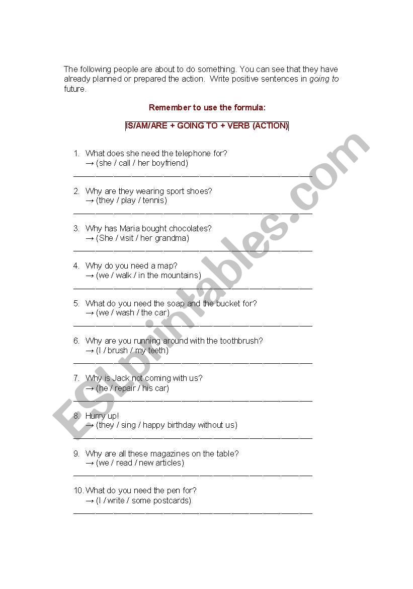 going to - exercises worksheet