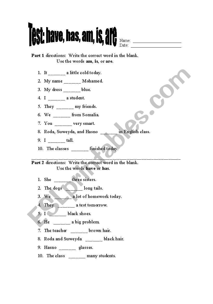 TEST Have Has Am Is Are ESL Worksheet By Ehelland33