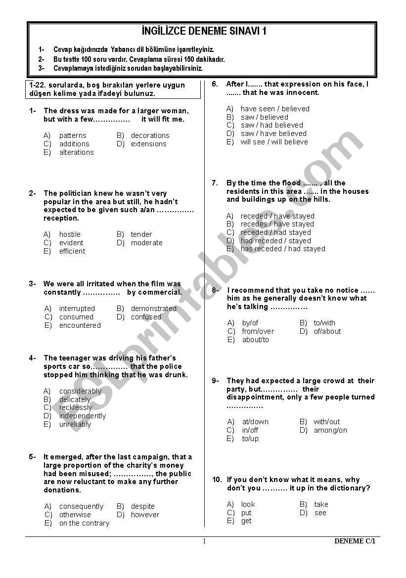 upper intermediate test worksheet